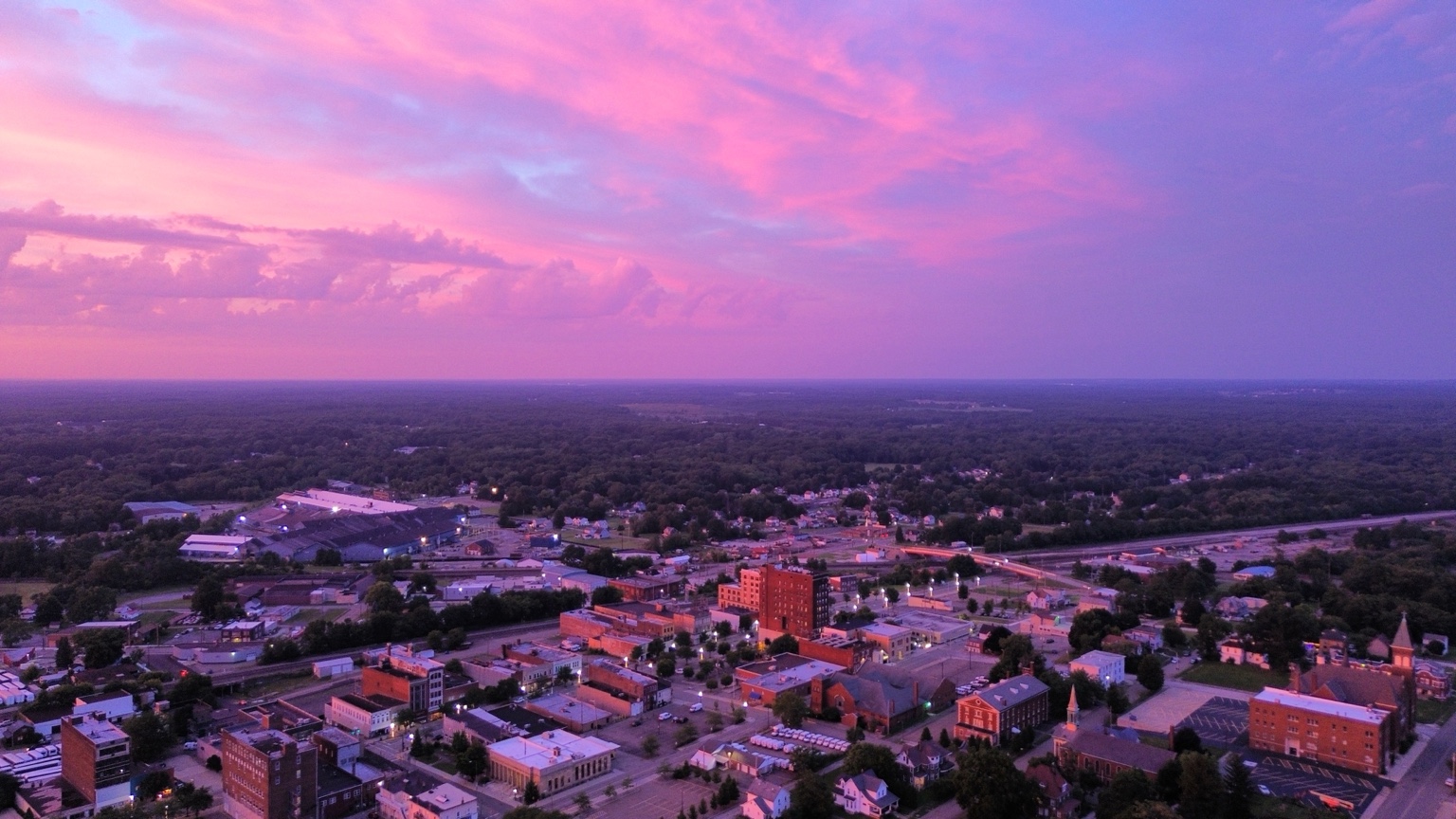 City at sunset from the air